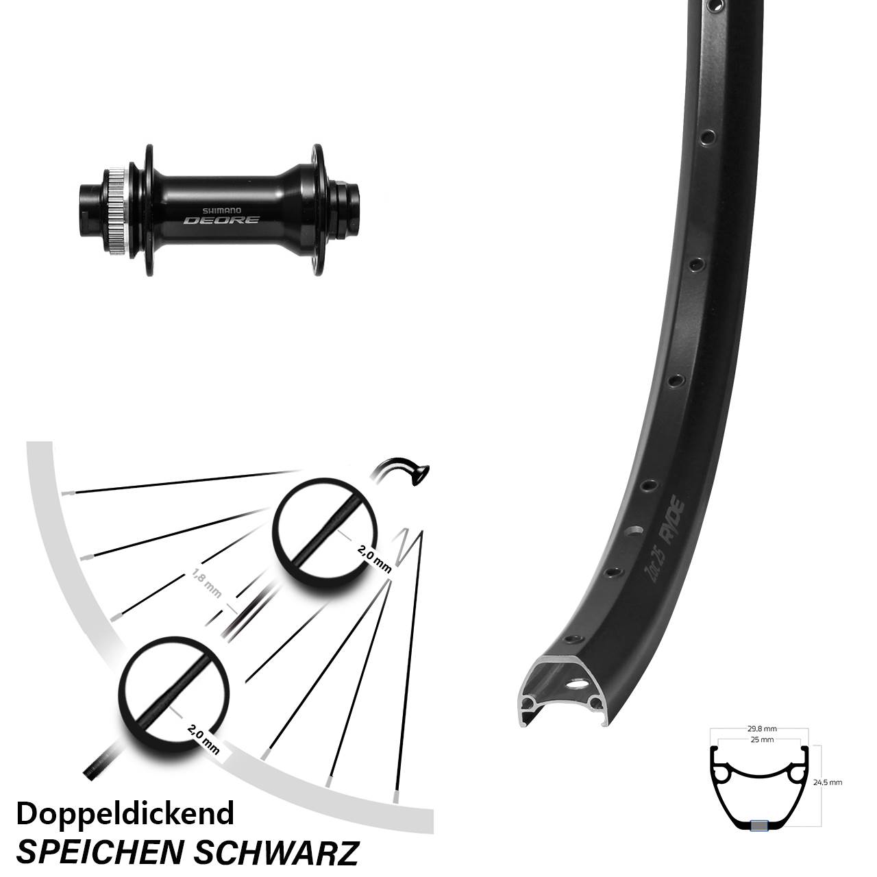 Disc Laufrad 28-29 Zoll Ryde ZAC 25 Shimano Deore 15x110 Boost
