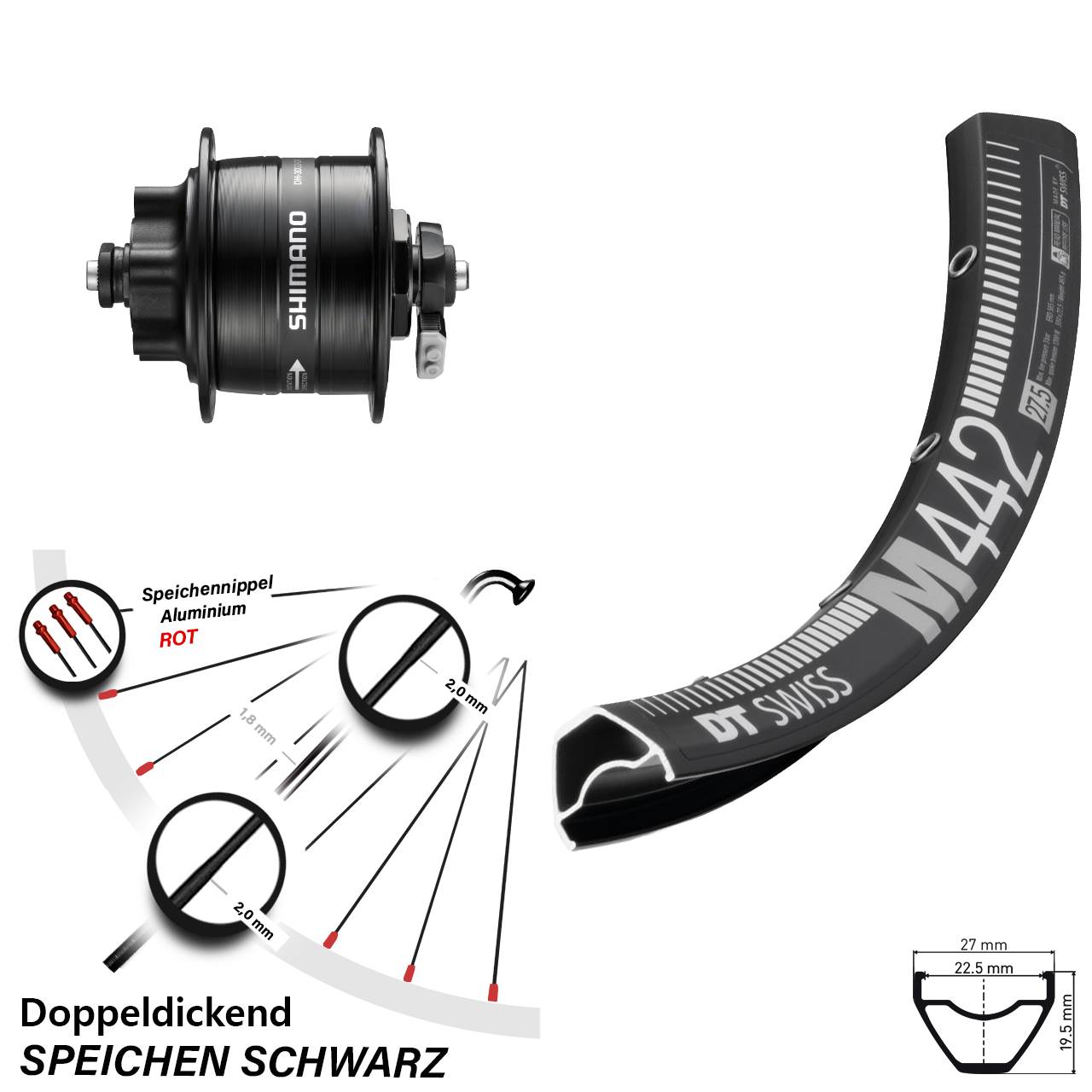 Nabendynamovorderrad 6-Loch QR 28 Zoll DT Swiss M442 Shimano DH-3D32