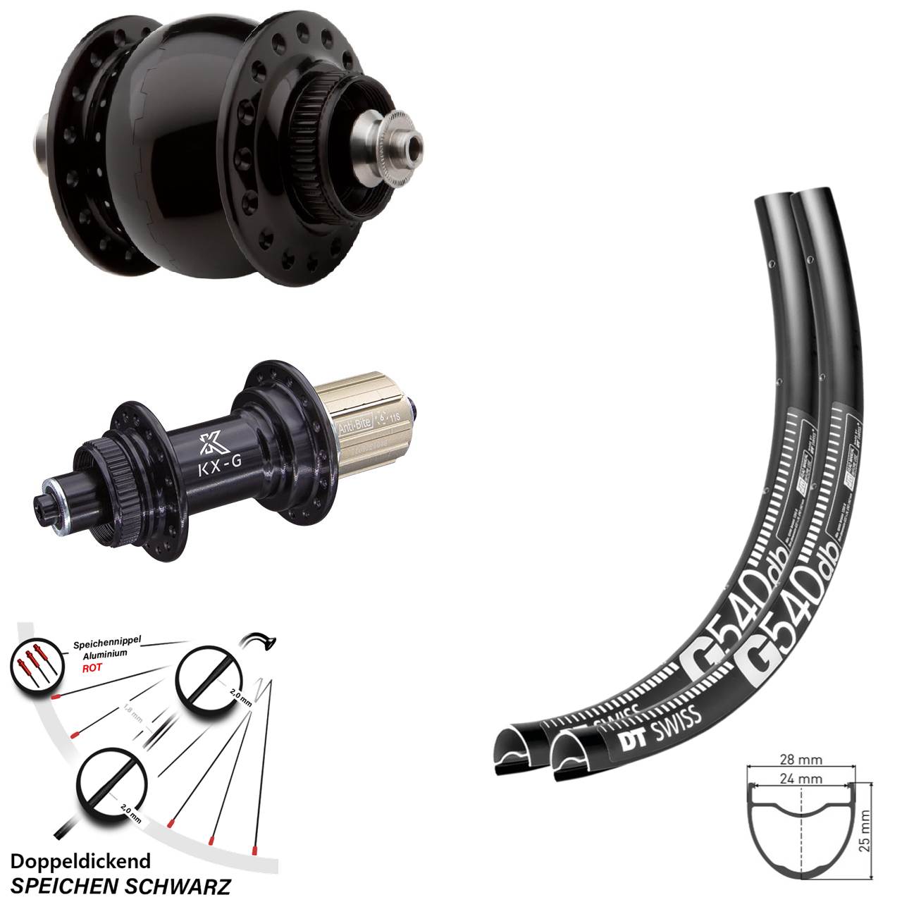 Laufradsatz Gravel DT Swiss G 540 mit Nabe KX-G Shimano Dynamo SON delux Disc