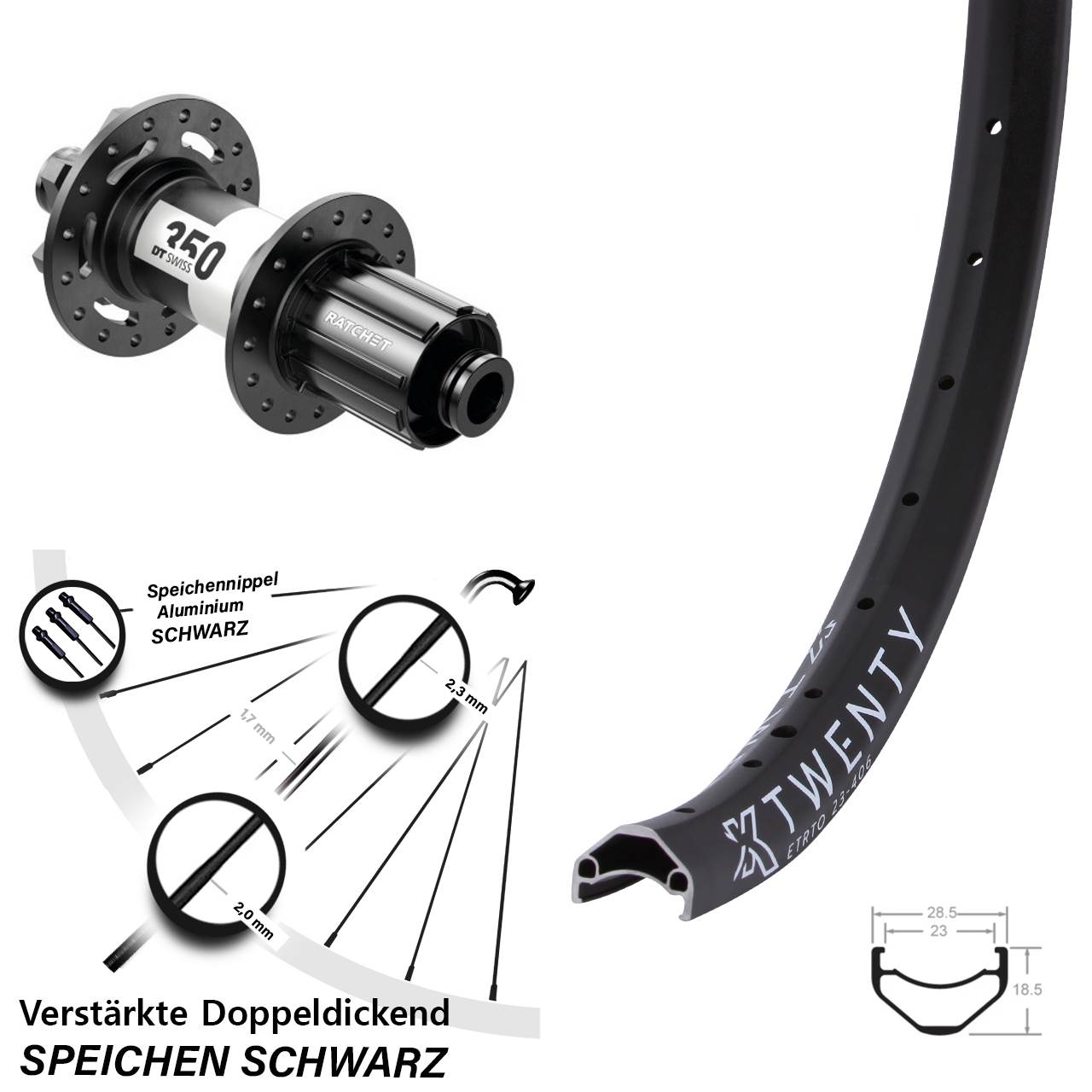 20 Zoll KX Twenty DT Swiss 350 Ratchet 36 Laufrad 12x148 Boost 6-Loch 8-11 fach