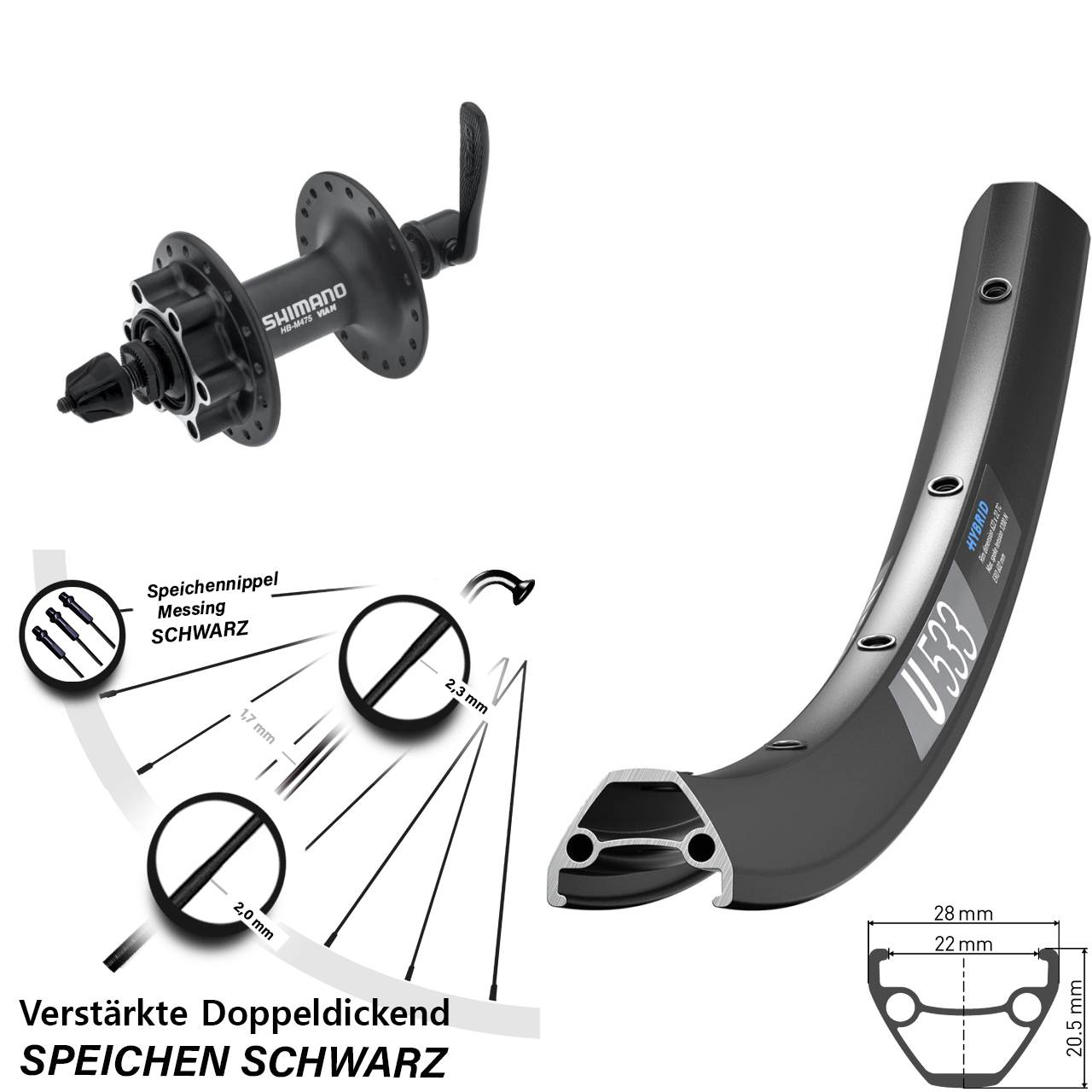 29 Zoll DT Swiss U533 Shimano HB-M475 Disc Laufrad für Schnellspanner