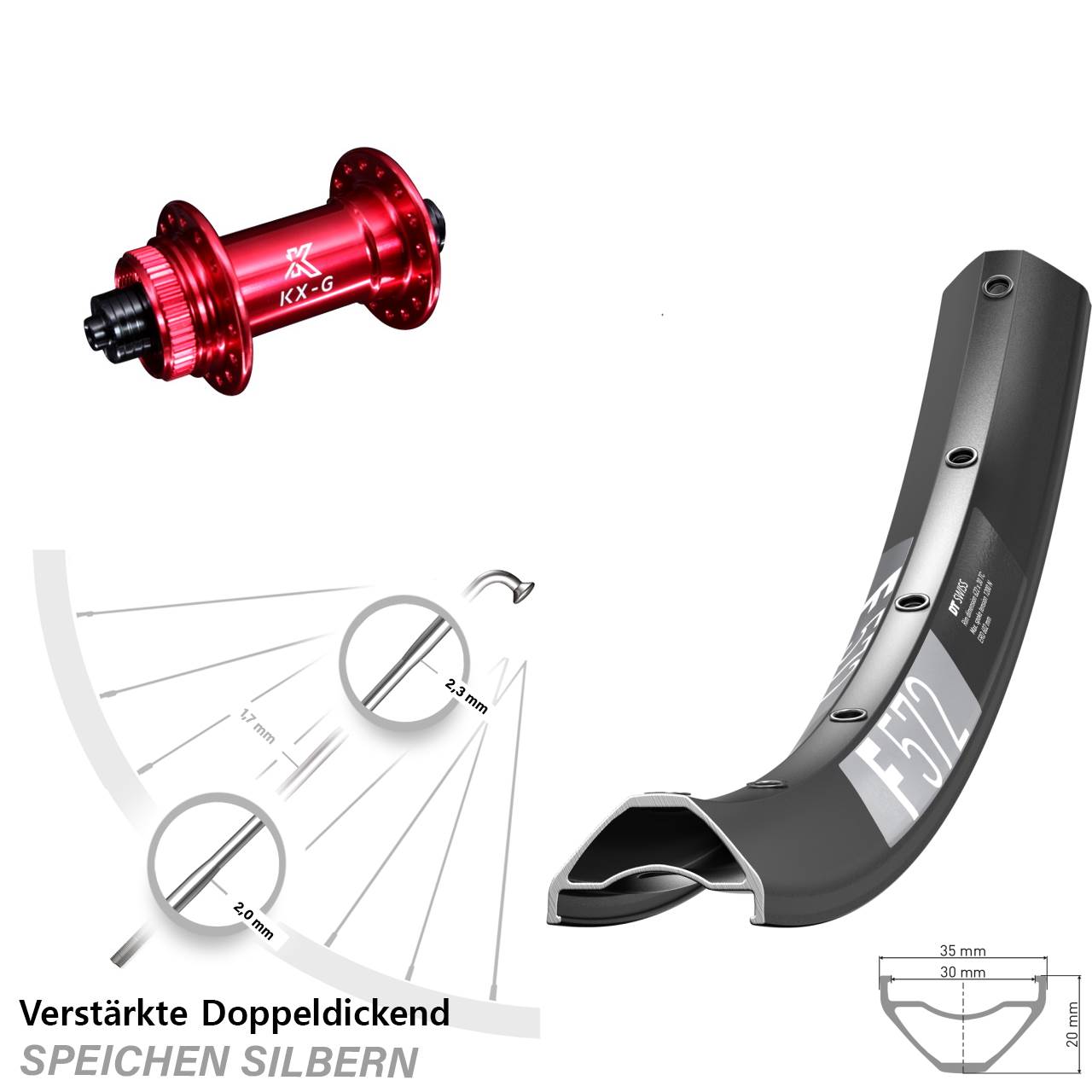 DT Swiss F572 KX-G rot 29 Zoll Vorderrad Centerlock für Schnellspanner