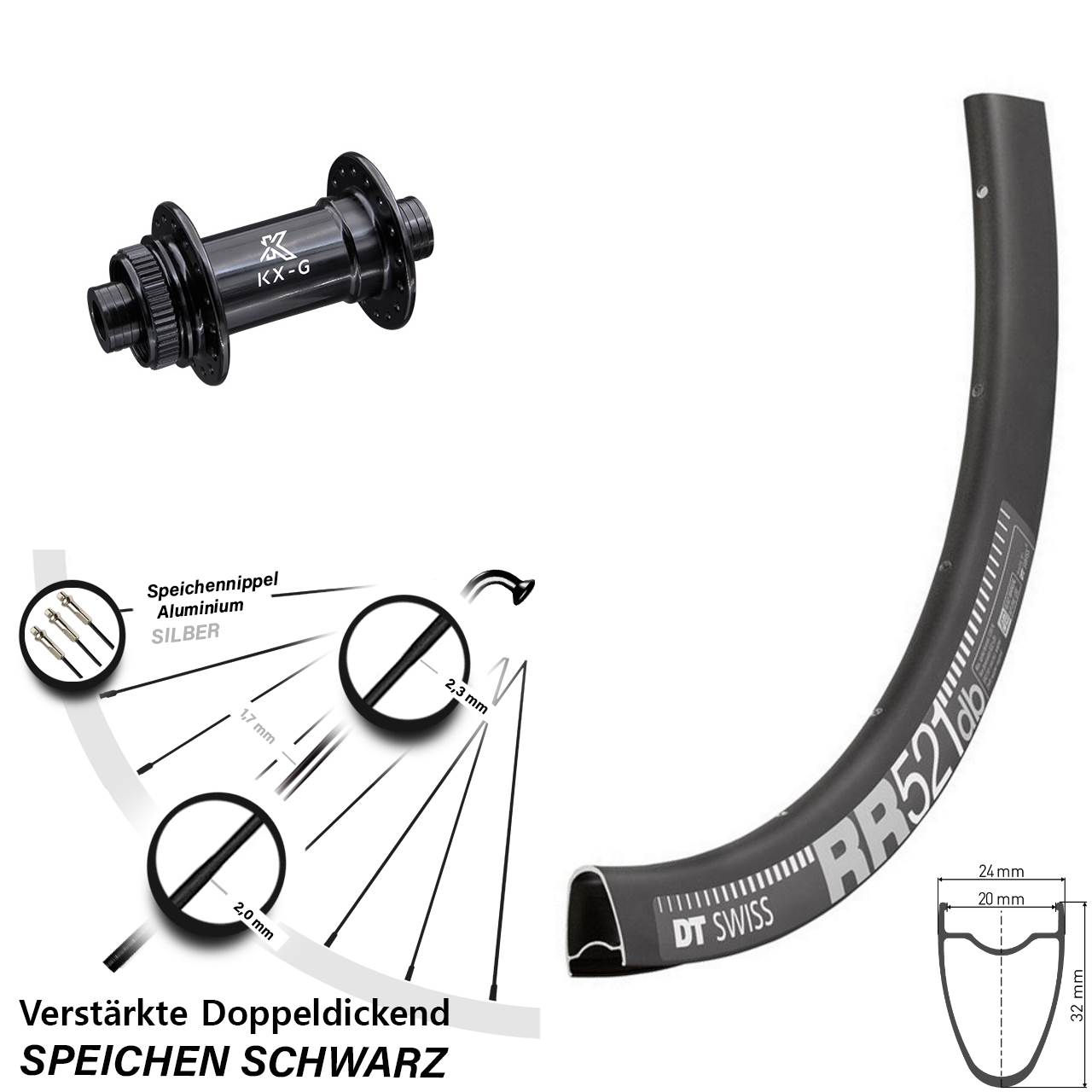 Vorderrad 28 Zoll DT Swiss RR 521 DB schwarz KX-G 12x100