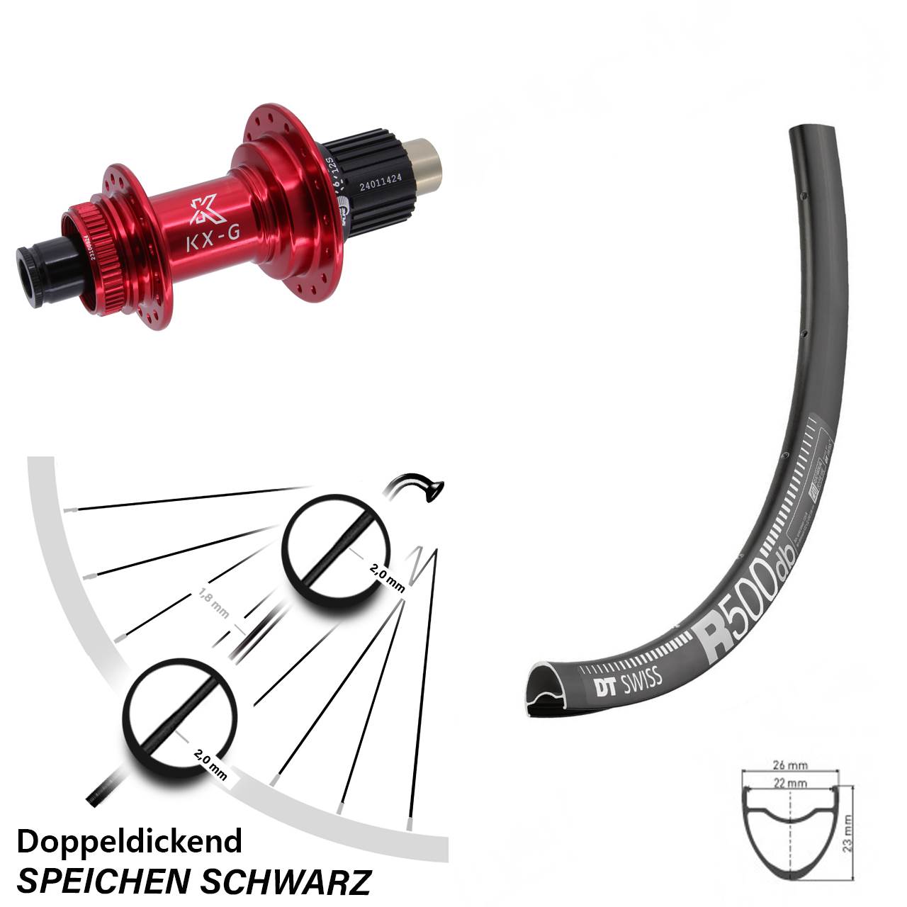 28 Zoll Hinterrad DT Swiss R500 KX-G rot Micro Spline 12x142