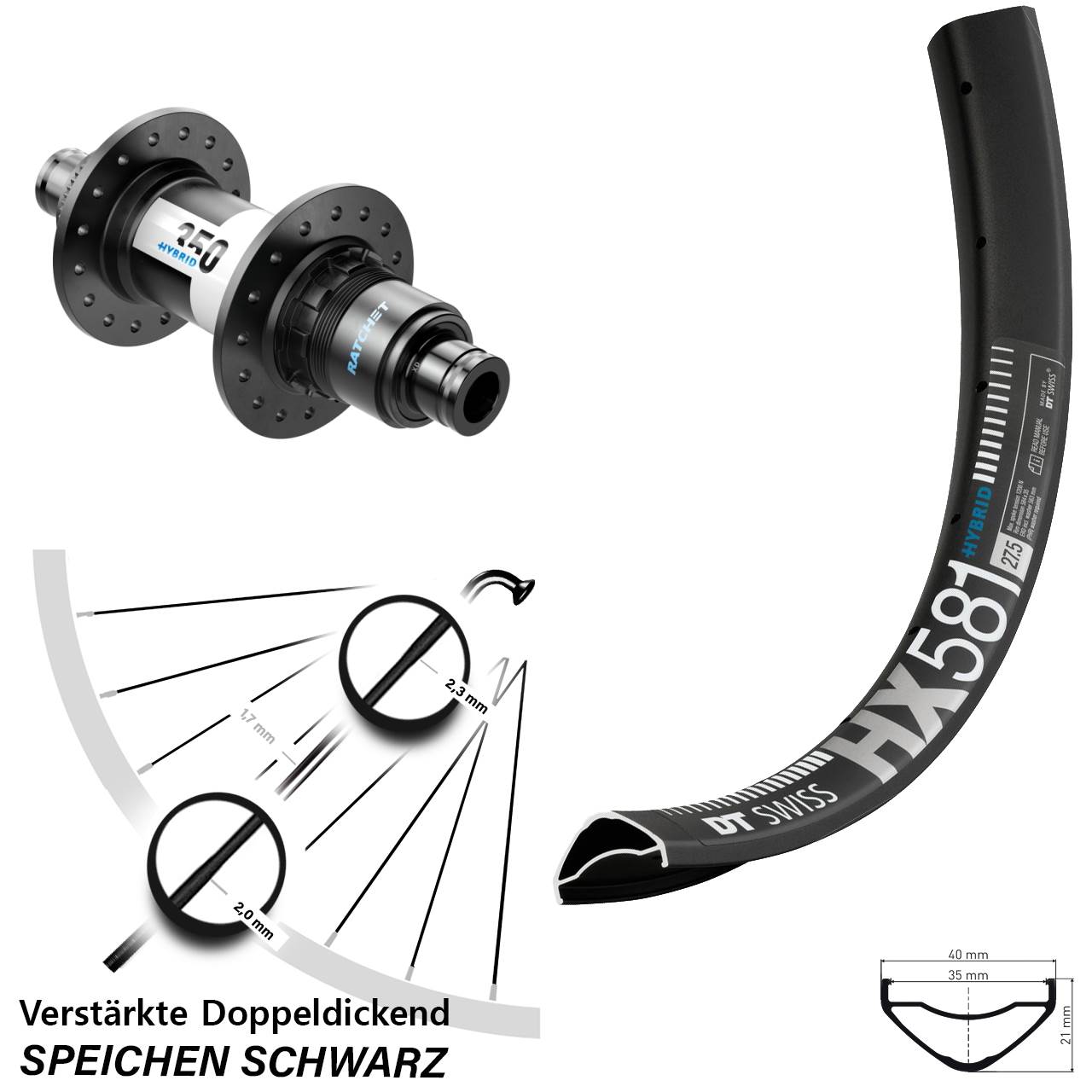 DT Swiss HX581-350 Hybrid 27,5 Zoll Disc Laufrad 12x148 XD 11-12 fach