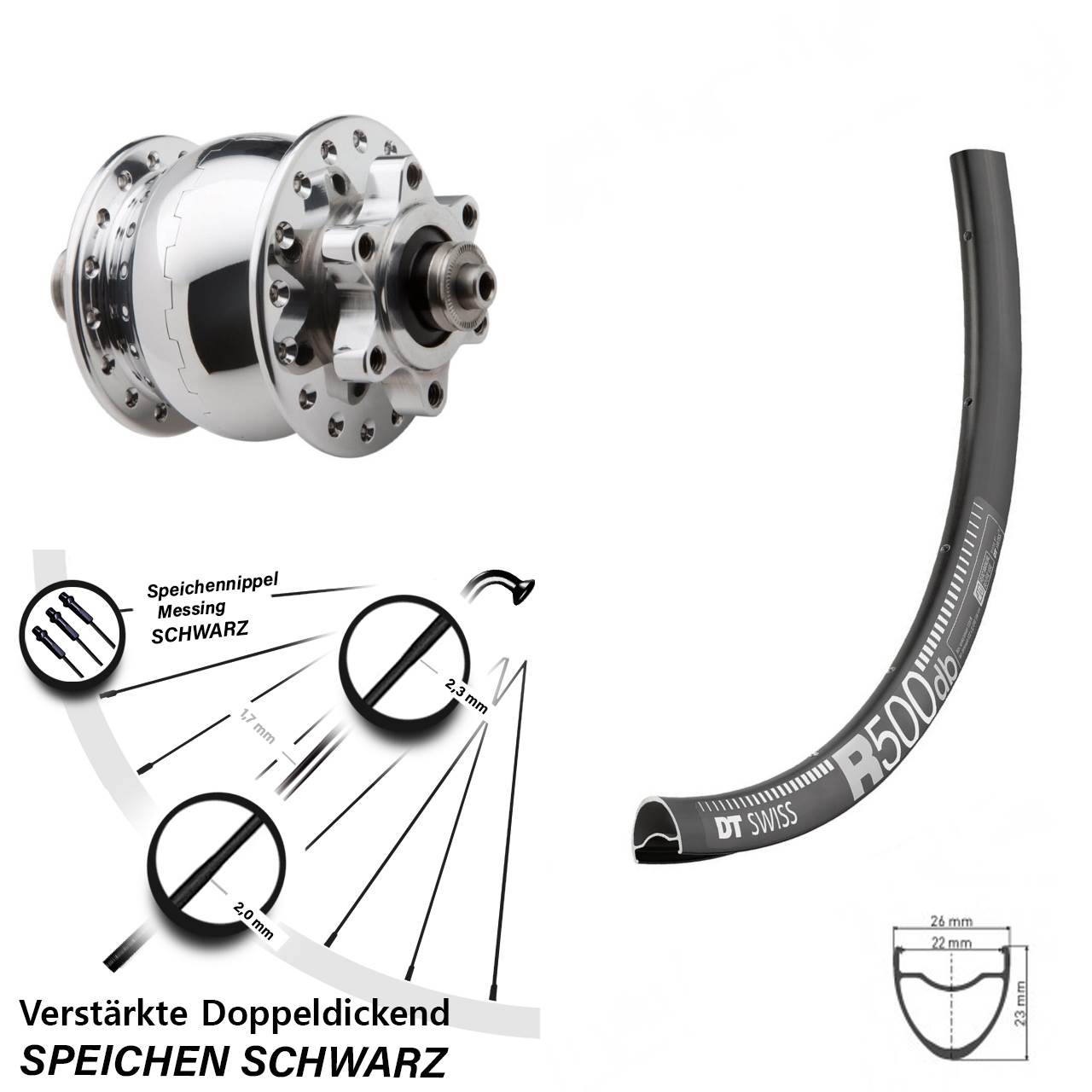 Nabendynamovorderrad 6-Loch für Schnellspanner SON 28 Zoll DT Swiss R500