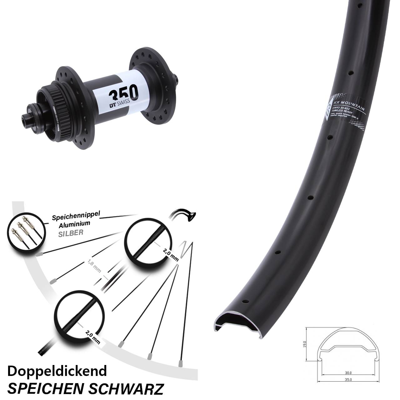 29 Zoll KX Mountain TR DT Swiss 350 Vorderrad Centerlock für Schnellspanner