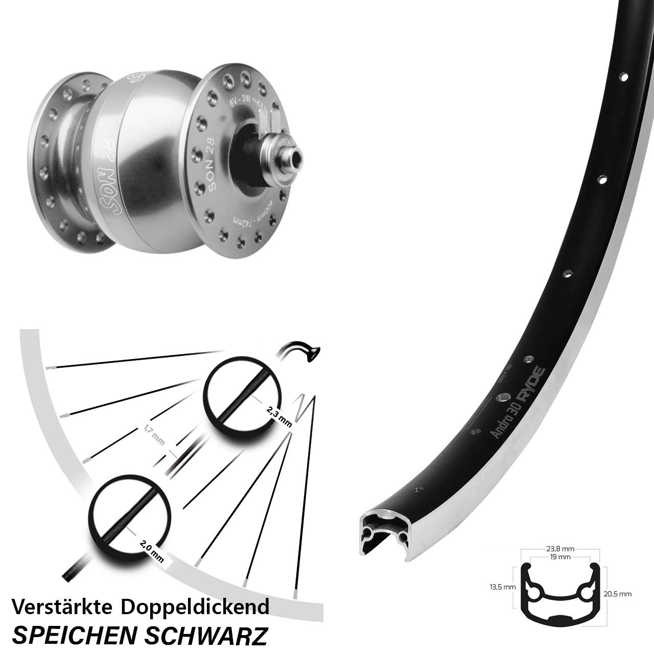 26 Zoll Ryde Andra 30 SON 28 silbern Vorderrad mit Nabendynamo QR