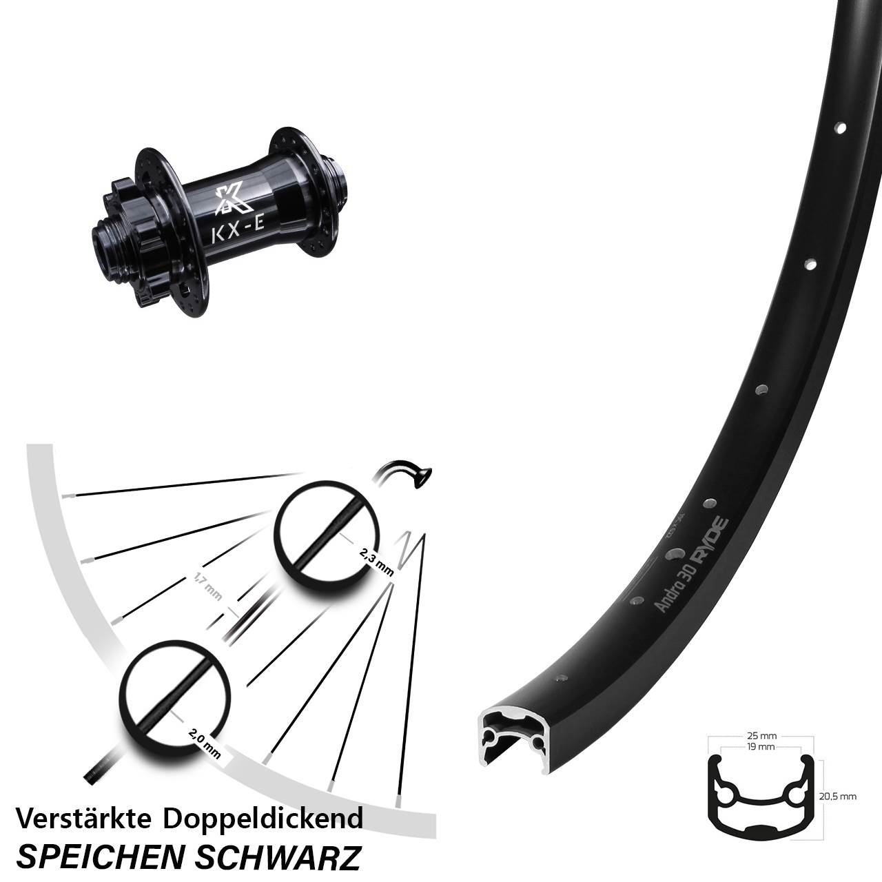 28-29 Zoll Vorderrad Ryde Andra 30 Disc mit KX-E Nabe 15x100 mm Steckachse