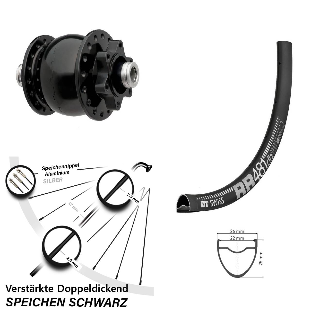 Nabendynamovorderrad 6-Loch 12x100 DT Swiss RR481 SON 28 Zoll