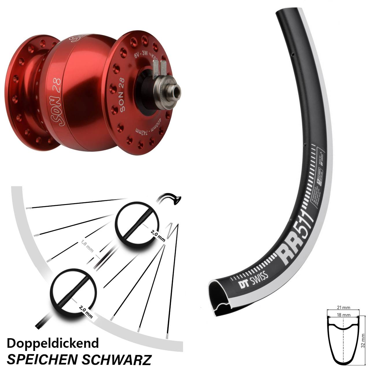 Nabendynamolaufrad für Schnellspanner DT Swiss RR511 SON 28 Zoll rot
