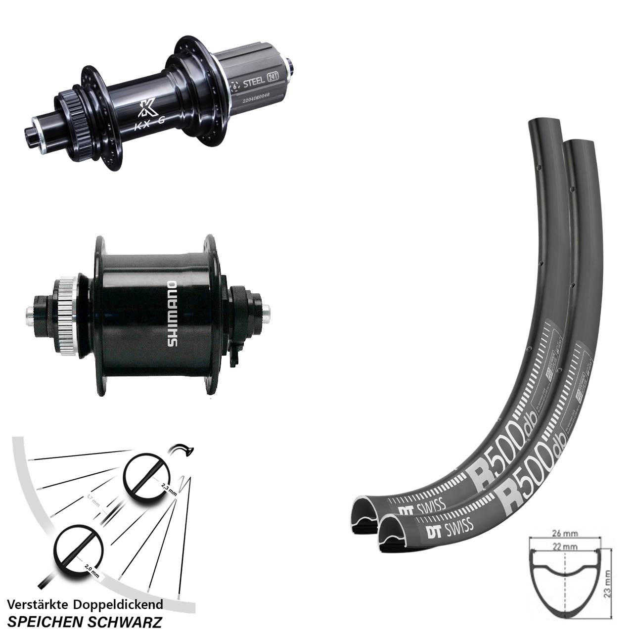 Laufradsatz Dynamo verstärkt DT Swiss R 500 KX-GS 11-fach Shimano DH-UR700-3D