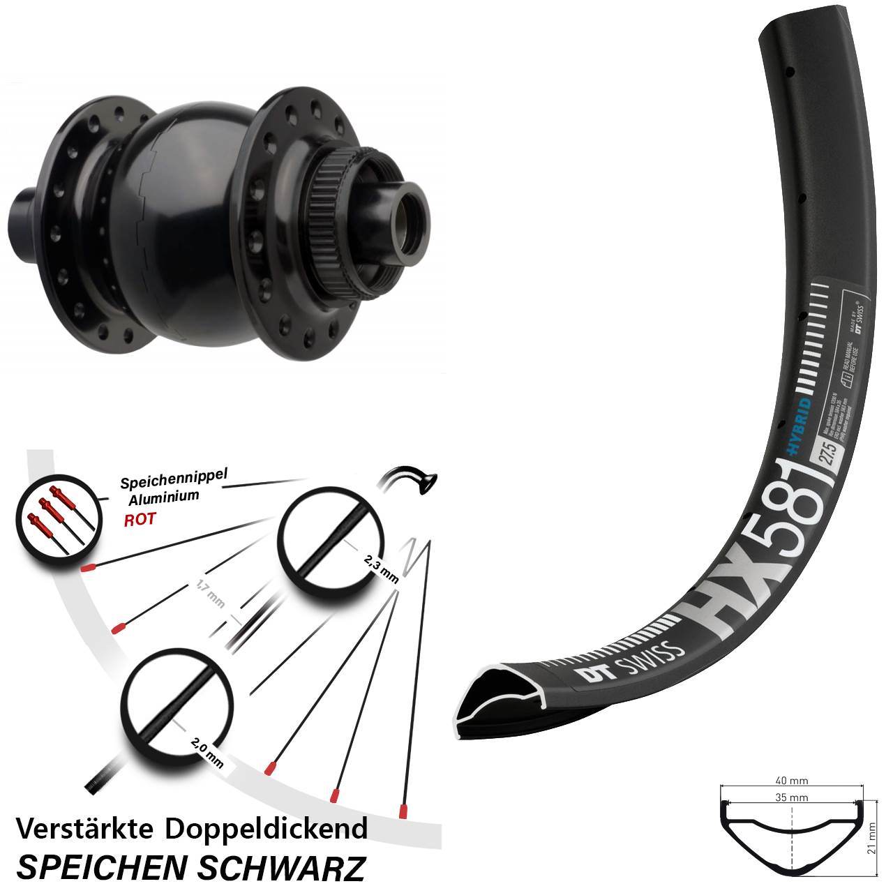 SON 28 DT Swiss HX 581 27,5 Zoll Nabendynamovorderrad Centerlock 15x110 Boost