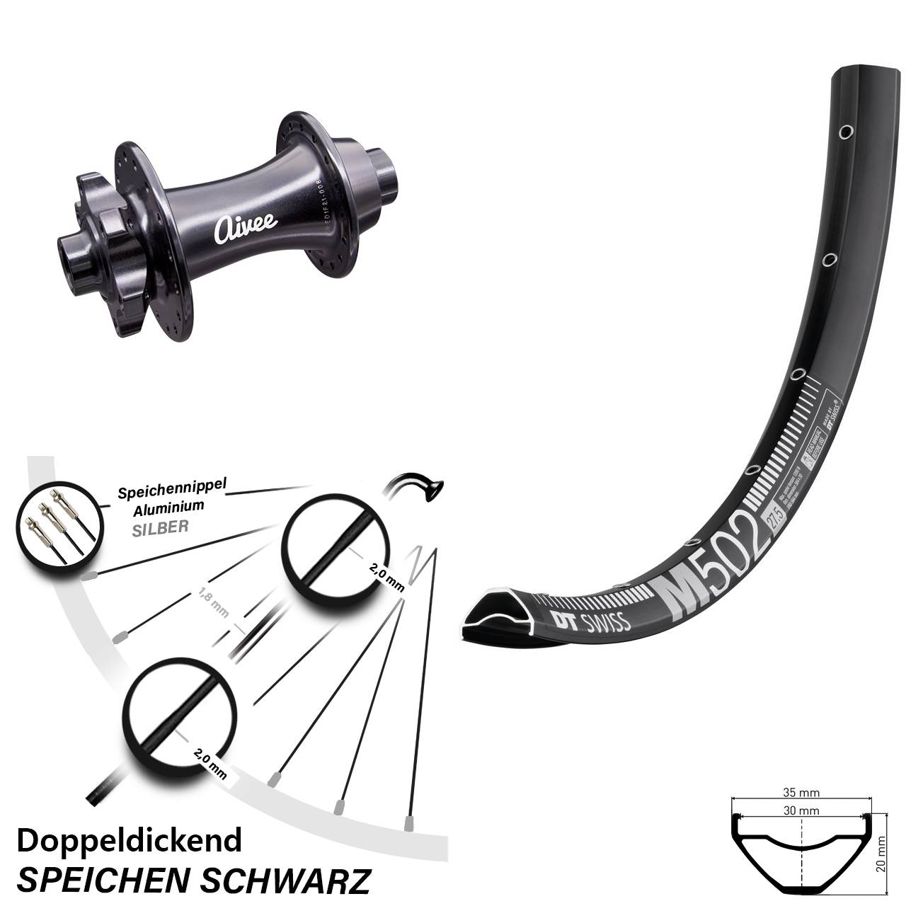 Vorderrad 29 Zoll DT Swiss M 502 mit Boost 6-Loch Nabe Aivee Classic 15x110 mm