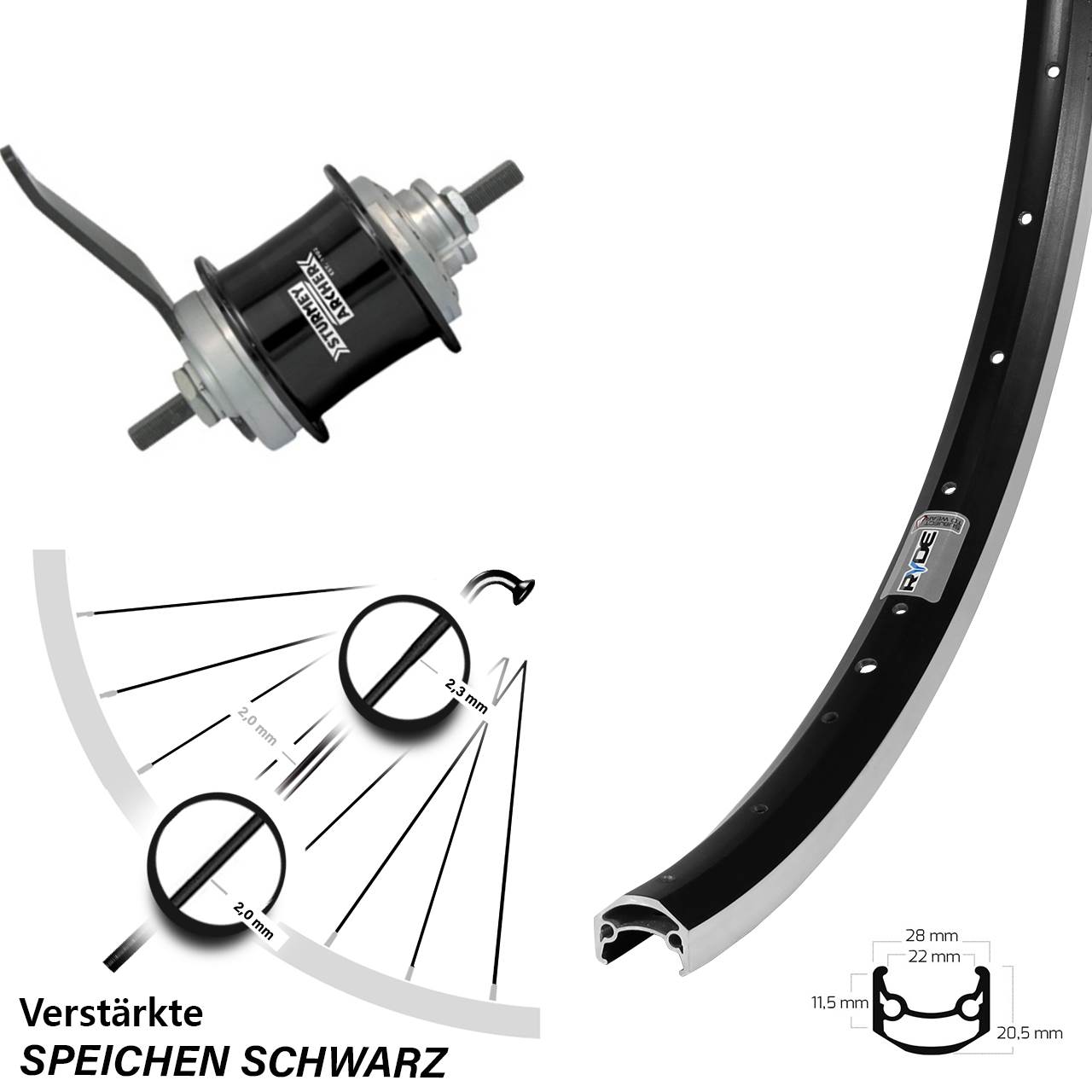 27,5 Zoll Laufrad Ryde Andra 35 2-Gang Sturmey Archer Duomatic Kick-Shift schwarz