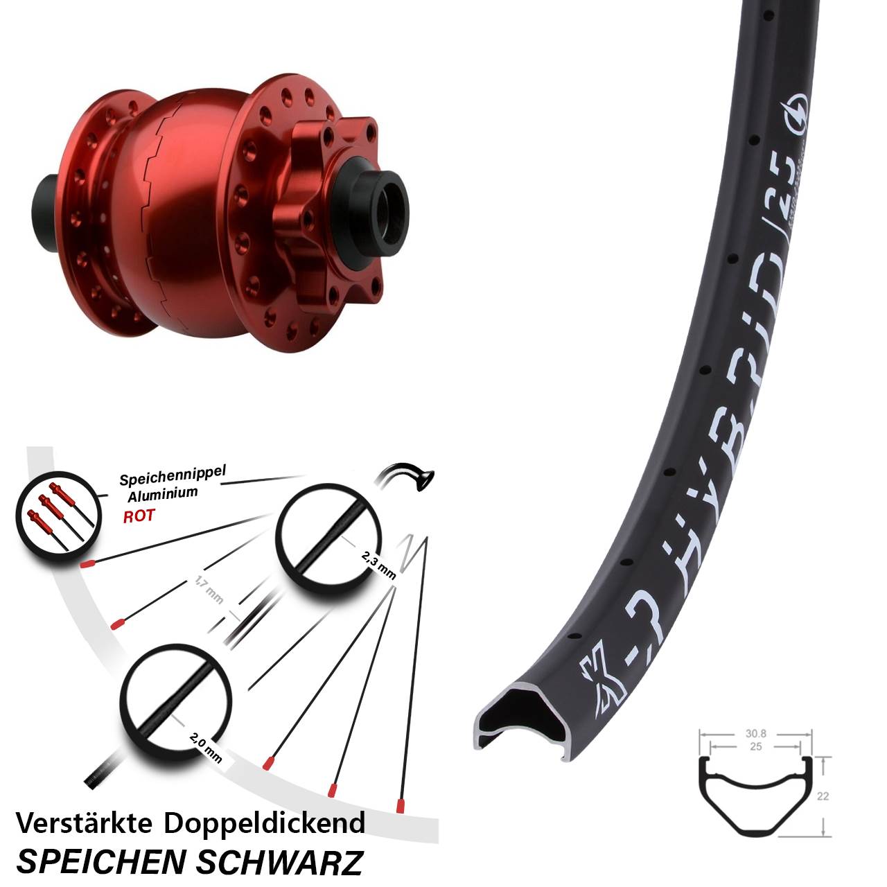 Vorderrad 27,5 Zoll KX R Hybrid 25 SON 28 15x100 6-Loch rot eloxiert