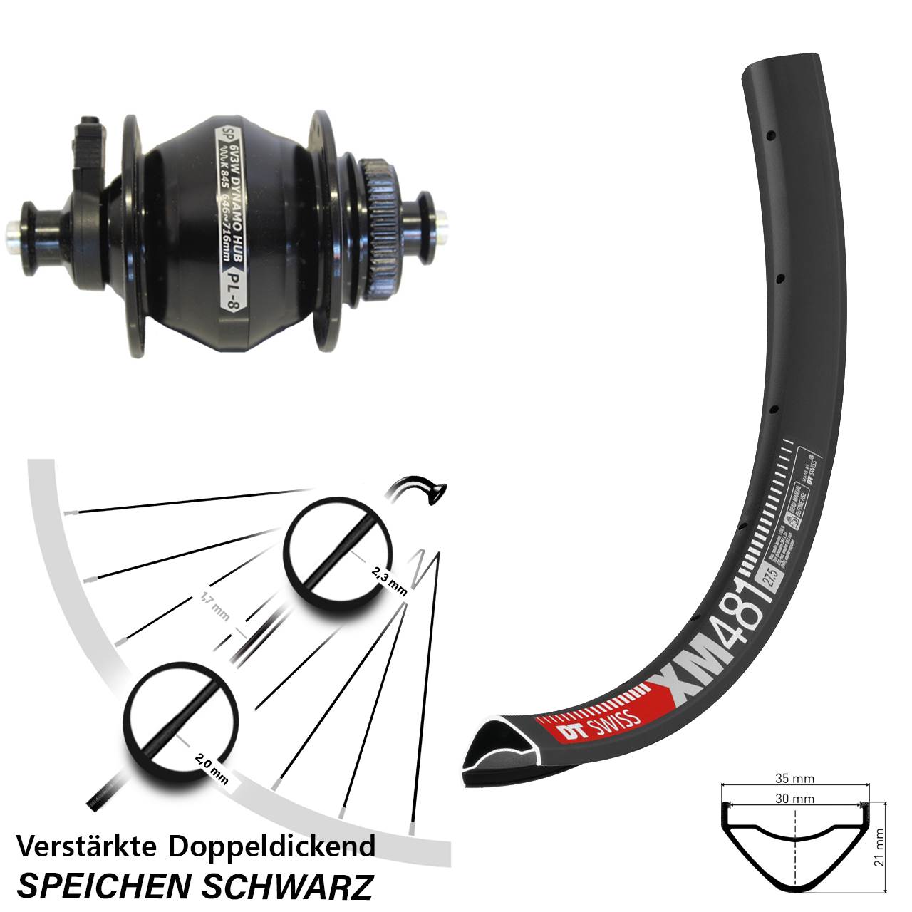 Disc Vorderrad mit Nabendynamo QR 27,5 Zoll DT Swiss XM481 Shutter PL-8