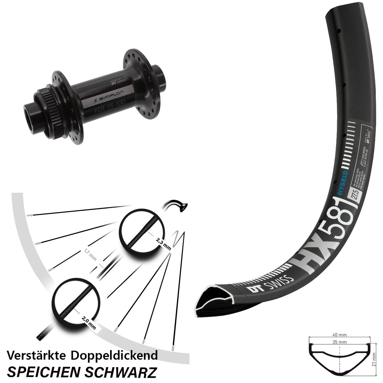 27,5 Zoll DT Swiss HX581-370 Vorderrad Centerlock 15x100