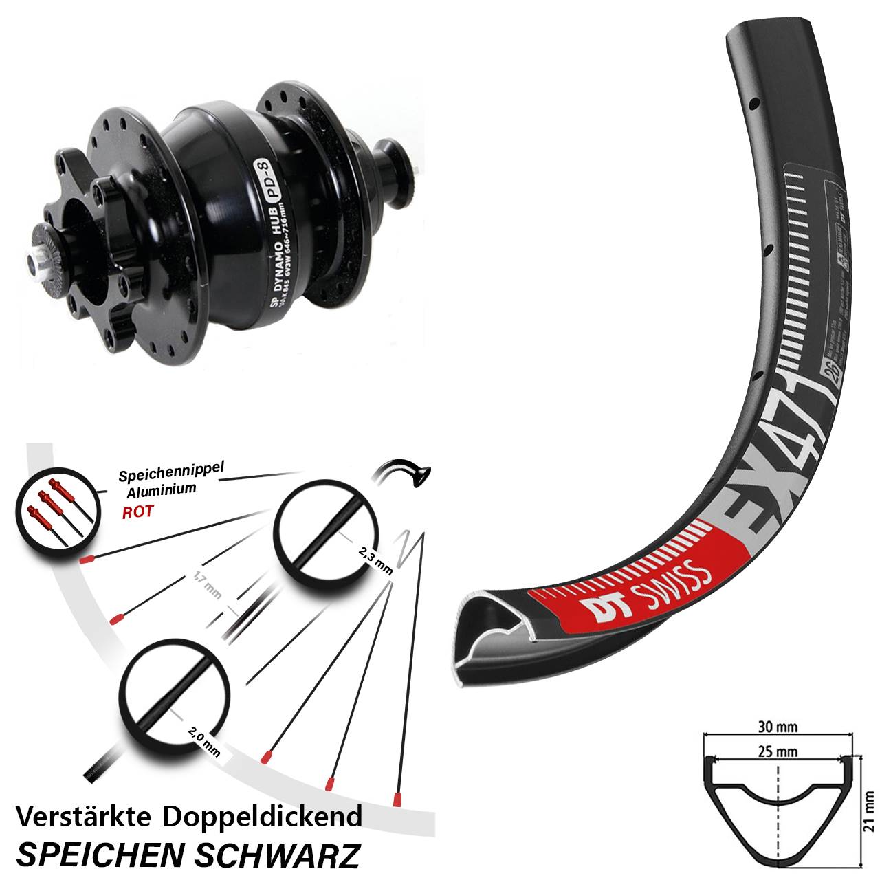 27,5 Zoll DT Swiss EX471 Shutter PD-8 6-Loch Nabendynamovorderrad für Schnellspanner