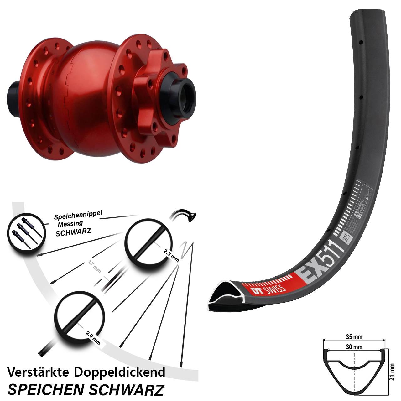 Disc Vorderrad mit Nabendynamo 29 Zoll DT Swiss EX 511 SON 28 rot 15x110 Boost