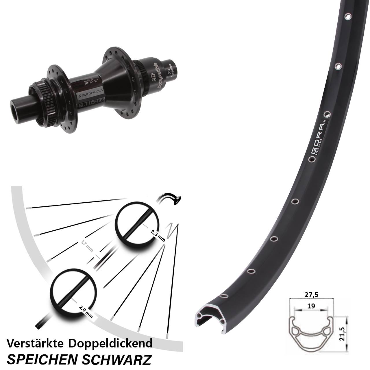 29 Zoll Gora 19 DT Swiss 370 Hinterrad Centerlock 12x142 SRAM XD