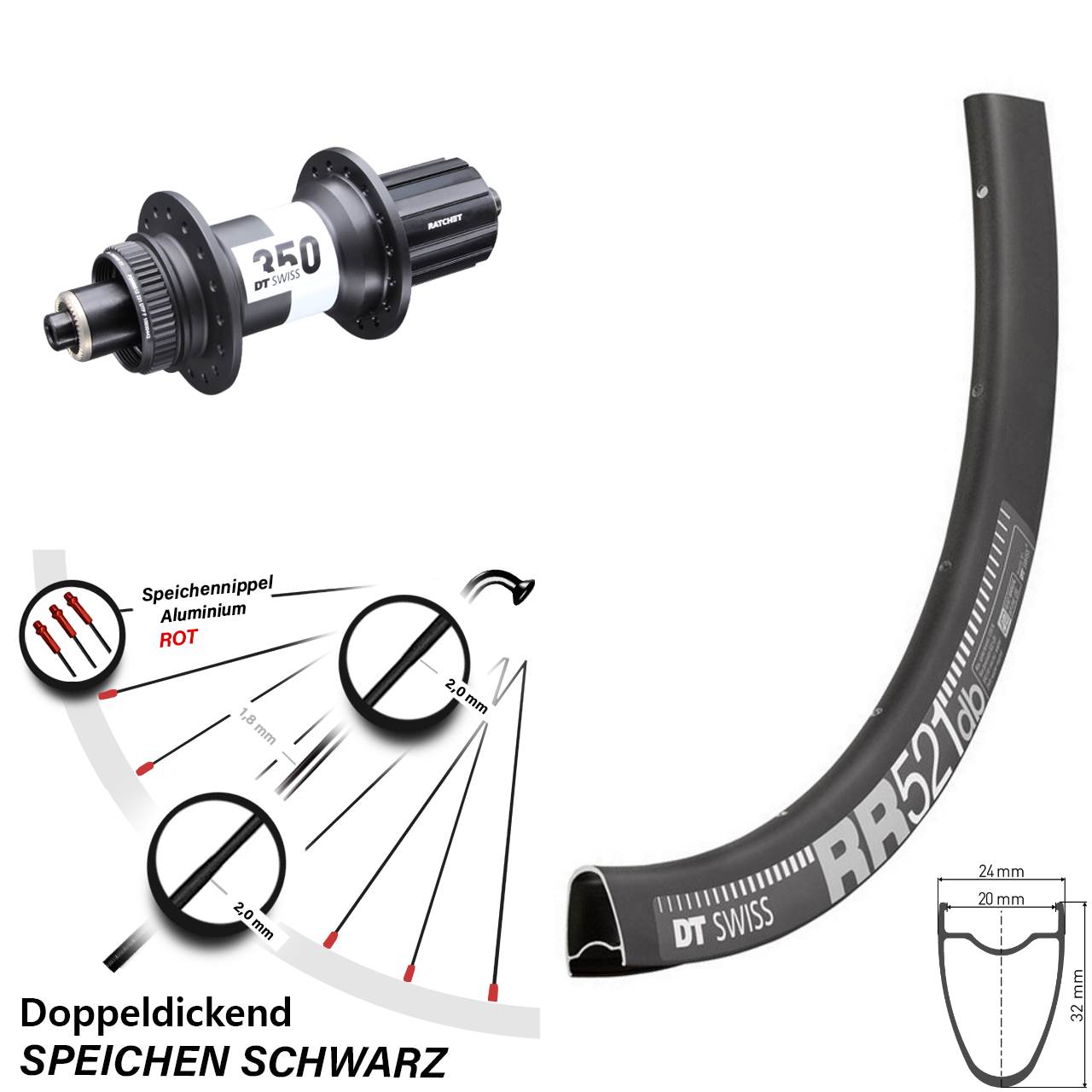 Hinterrad 28 Zoll RR 521 DT Swiss 350 Road Disc 5x135 mm 8-12-Fach HG