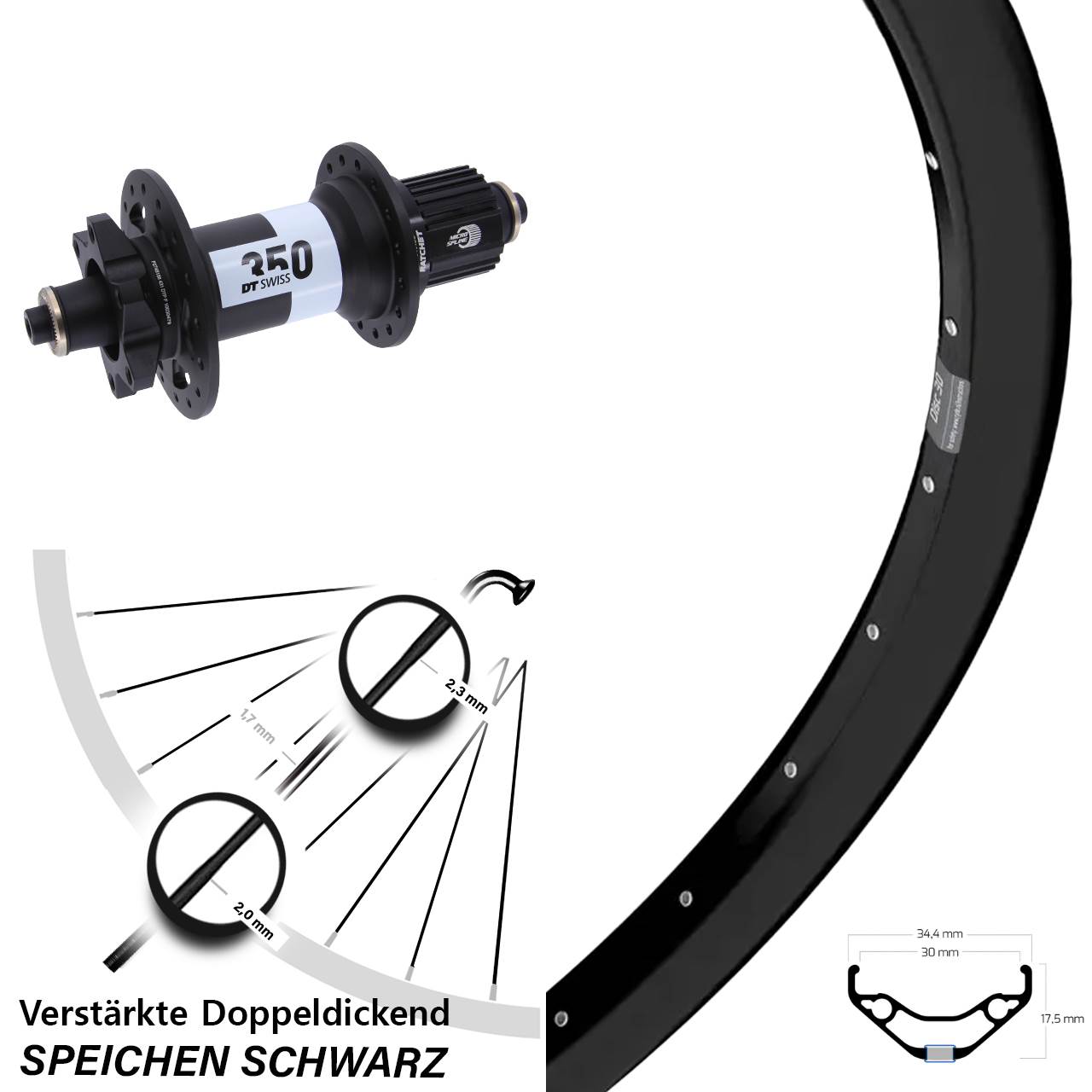 Hinterrad 27,5 Zoll Ryde Disc 30 DT Swiss 350 Micro Spline QR Boost