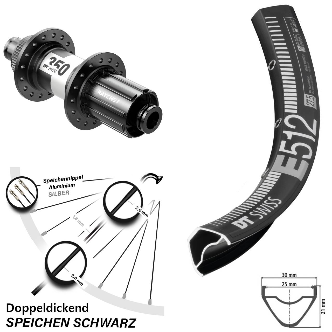 29 Zoll Hinterrad E 512 DT Swiss 350 Centerlock MTB 11-fach Steckachse 12x142 mm