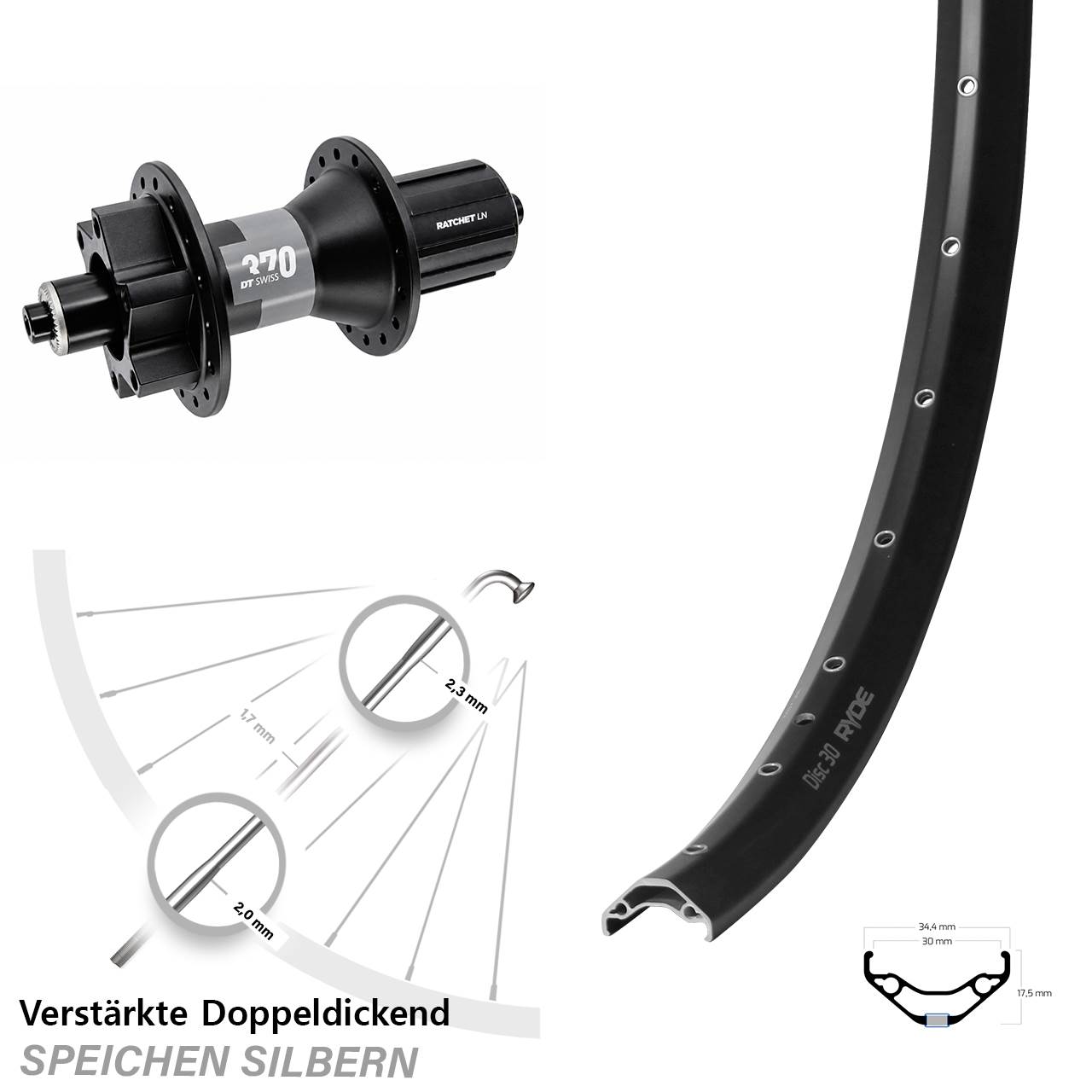 Hinterrad 29 Zoll Ryde Disc 30 DT Swiss 370 8-11 fach QR