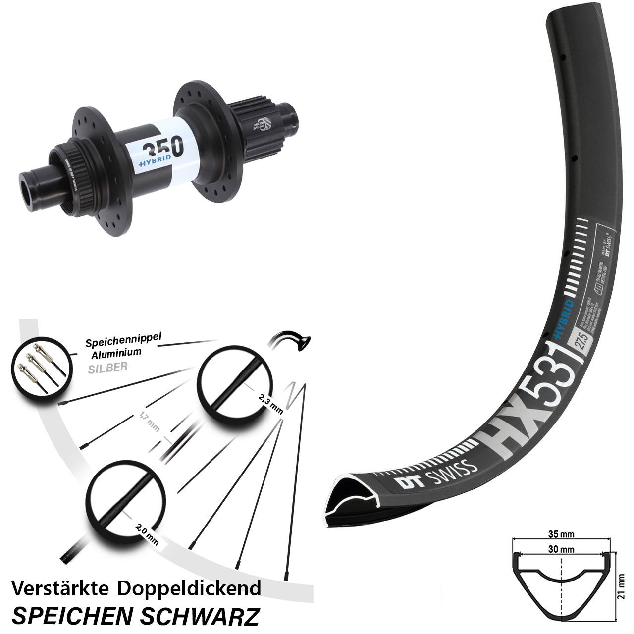 DT Swiss HX531-350 Hybrid 29 Zoll Centerlock Hinterrad 12x148 Boost Shimano Micro Spline