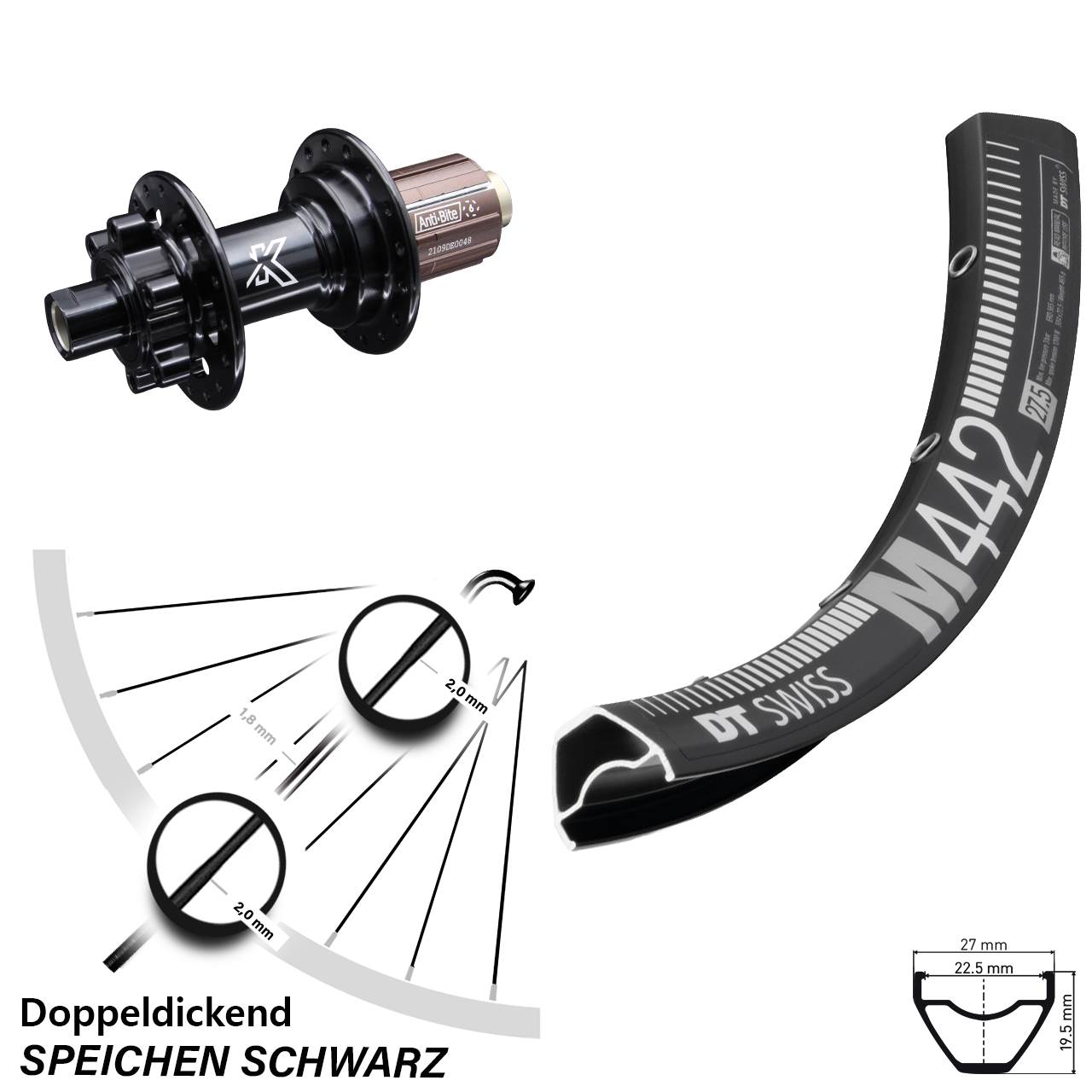 DT Swiss M 442 Disc-Hinterrad MTB 29 Zoll KX-M schwarz 12x142 mm 8-12 fach