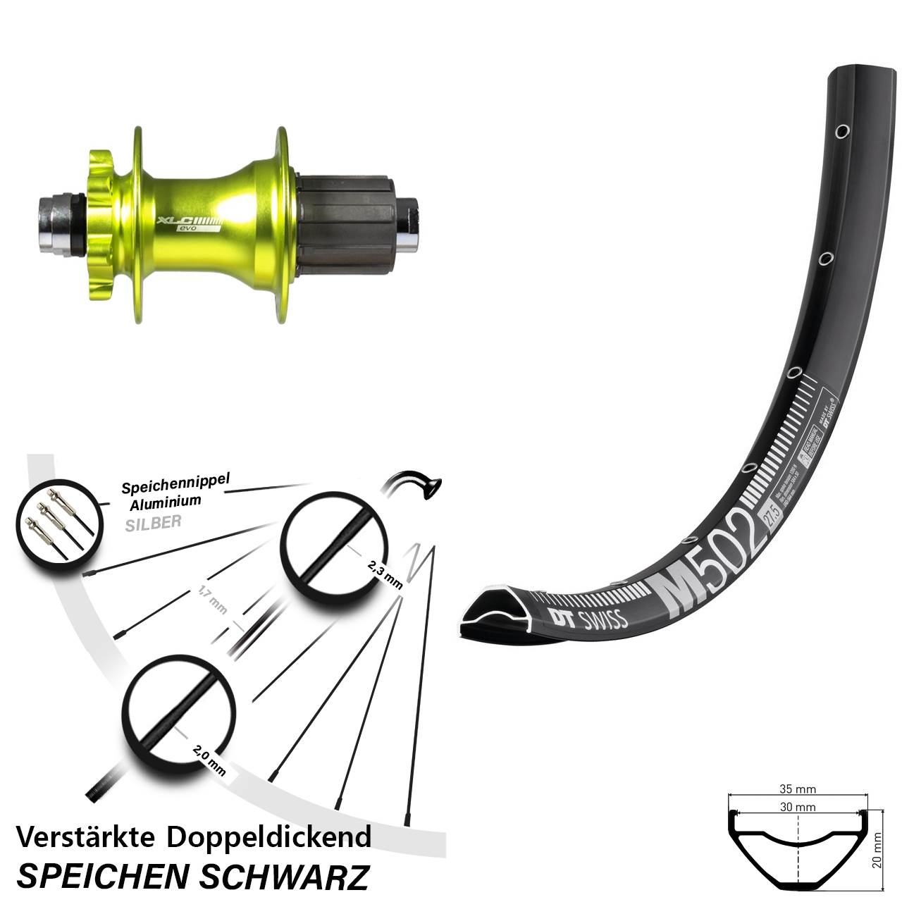 DT Swiss M 502 XLC Evo grün 27,5 Zoll Disc Laufrad 12x142 8-11 fach