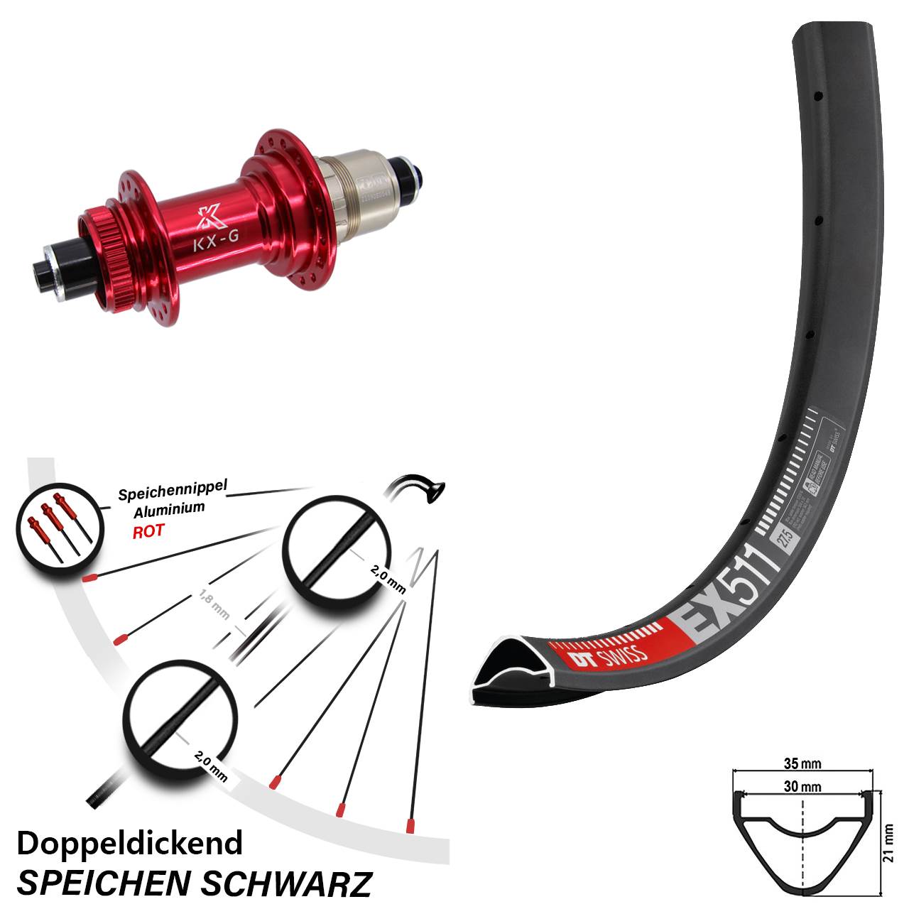 29 Zoll DT Swiss EX 511 KX-G rot XD-R Centerlock Hinterrad QR
