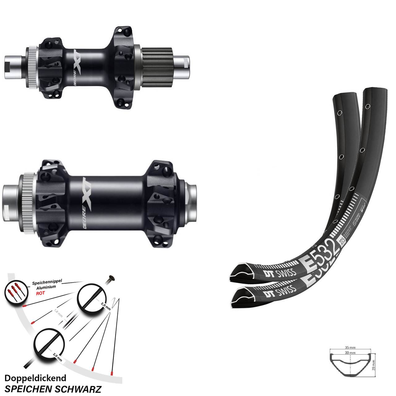 Laufradsatz 29 Zoll Shimano XT Boost Straightpull mit DT Swiss E532 Felge 30 mm