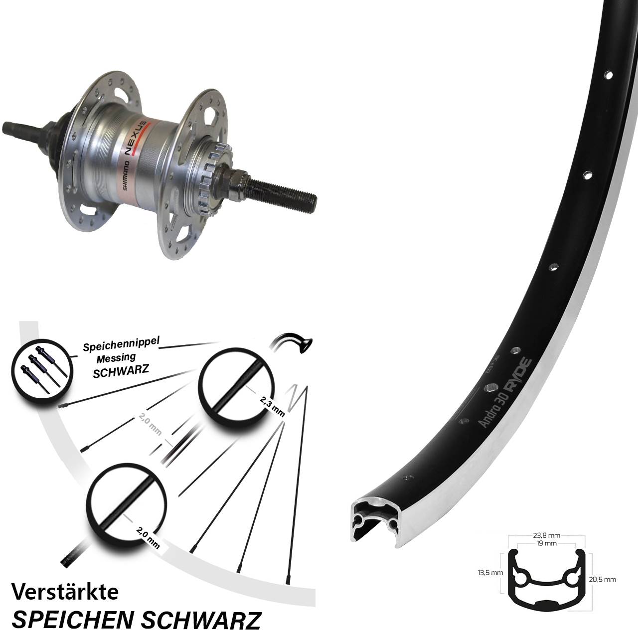 Ryde Hinterrad 28 Zoll Andra 30 mit Shimano 3 Gang für Rollenbremse