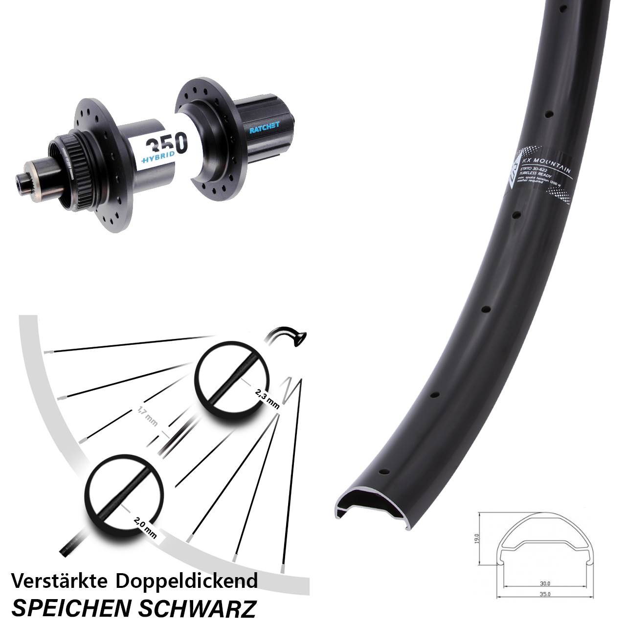 29 Zoll KX Mountain DT Swiss 350 Hybrid Disc Laufrad für Schnellspanner Boost 8-11 fach HG