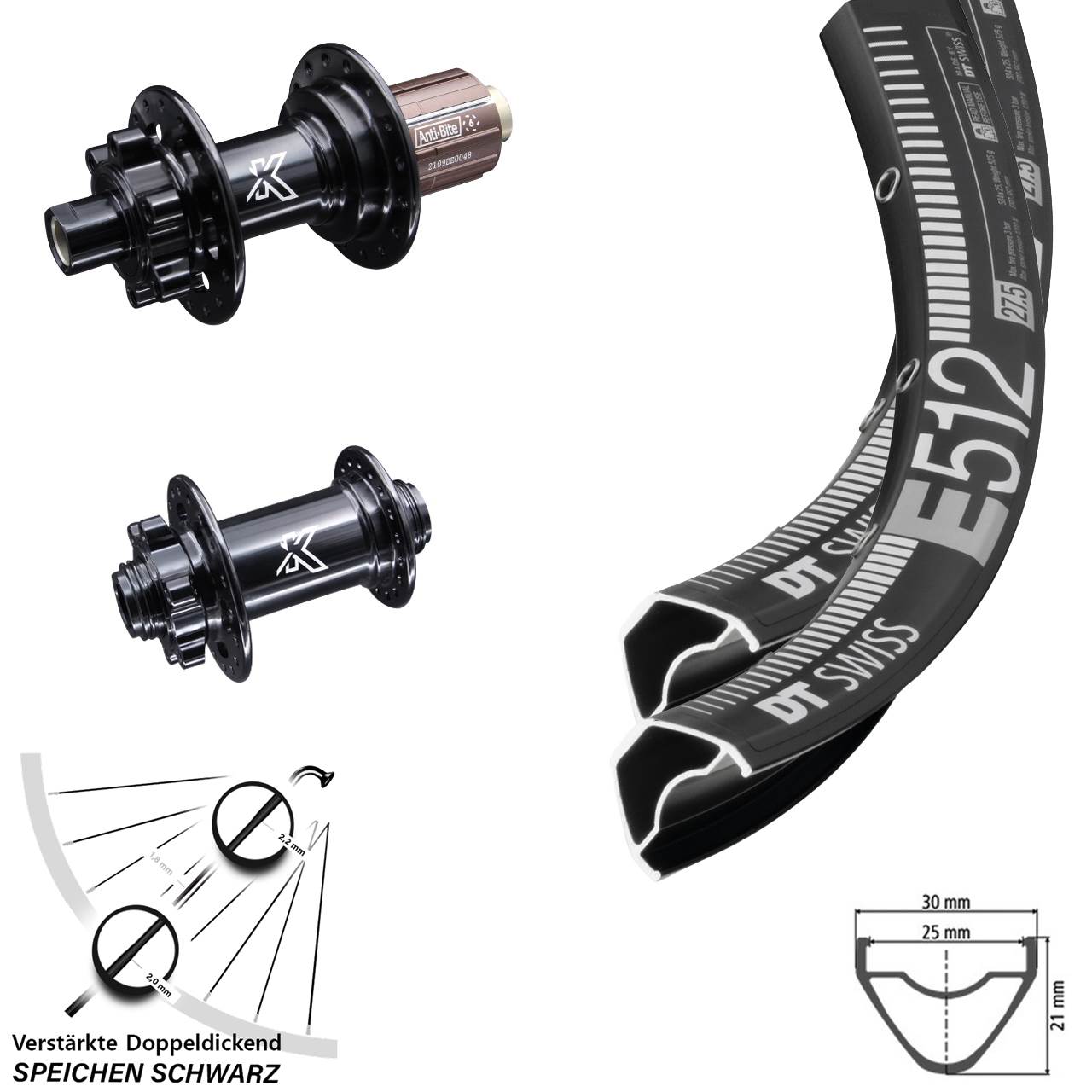 Laufradsatz DT Swiss E 512 MTB 27,5 Zoll KX-M Nabe 142x100 Steckachse 8-12 fach Enduro