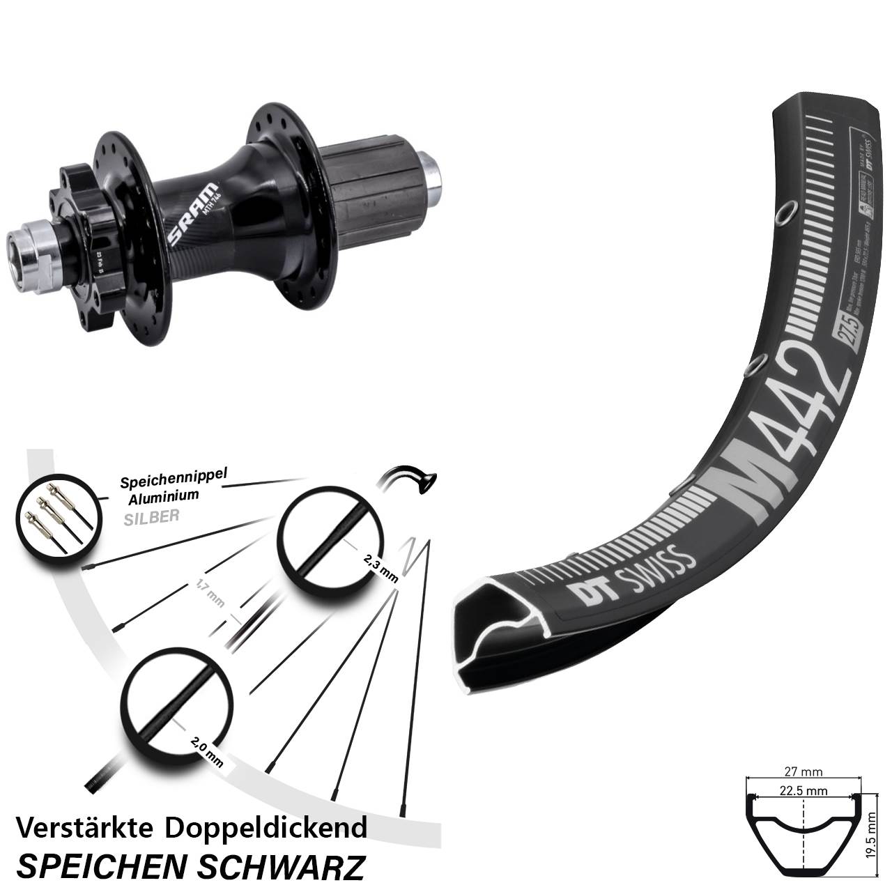6-Loch Hinterrad 12x148 29 Zoll DT Swiss M442 Sram 746 8-11 fach HG