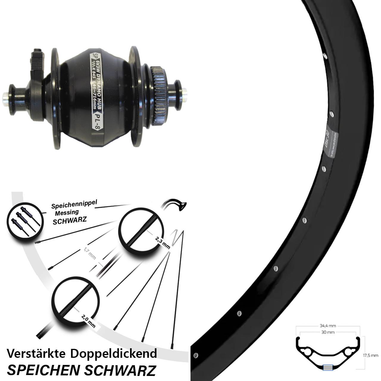 Nabendynamovorderrad Centerlock für Schnellspanner 29 Zoll Ryde Disc 30 SP PL-8