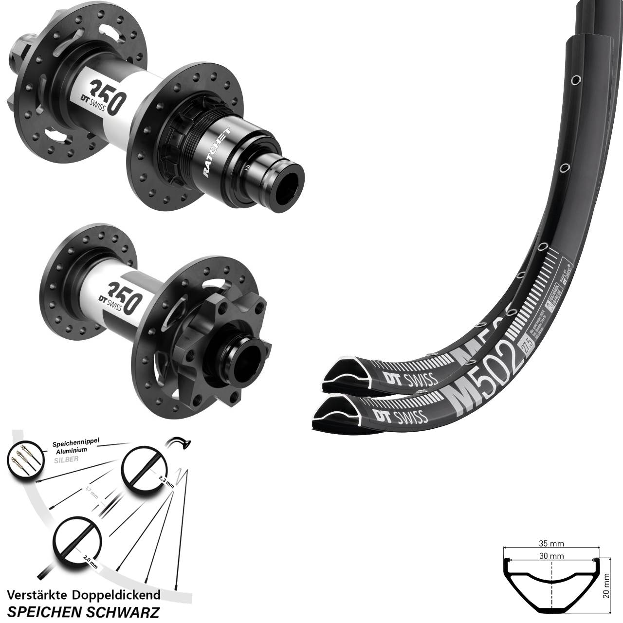 27,5 Zoll DT Swiss M502 350 Laufradsatz 6-Loch 15x110 12x148 XD