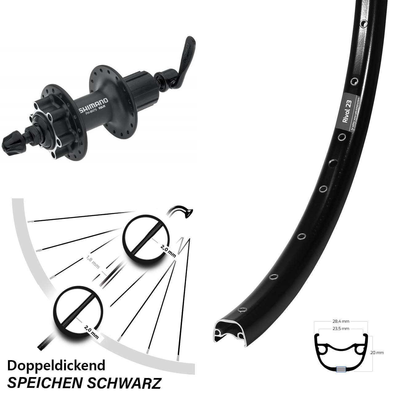 650B Ryde Rival 23 Shimano FH-M475 Disc Laufrad QR 8-11 fach HG