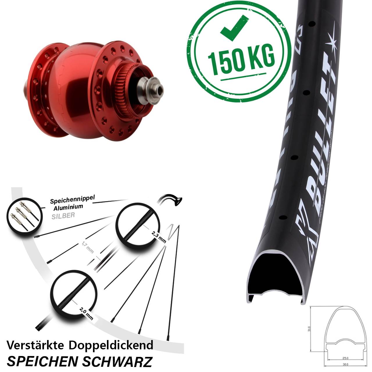 29 Zoll KX Bullet SONdelux rot Centerlock Vorderrad mit Nabendynamo für Schnellspanner