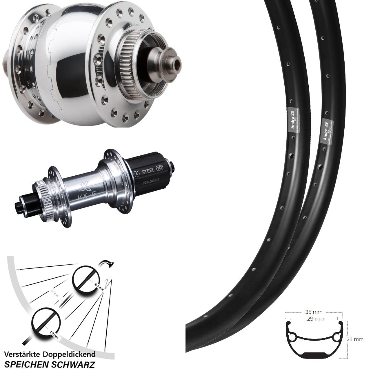 Disc Laufrad-Satz QR Ryde Andra 29 Zoll KX-GS verstärkt SON 28 poliert 8-12 fach HG