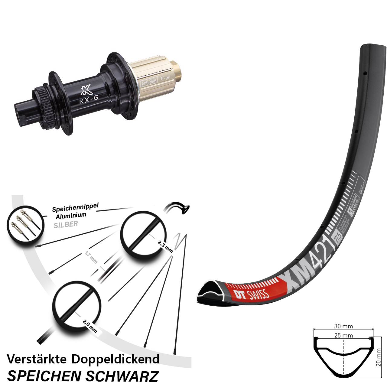 Centerlock Hinterrad 27,5 Zoll DT Swiss XM421 KX-G 8-12 fach HG 12x142