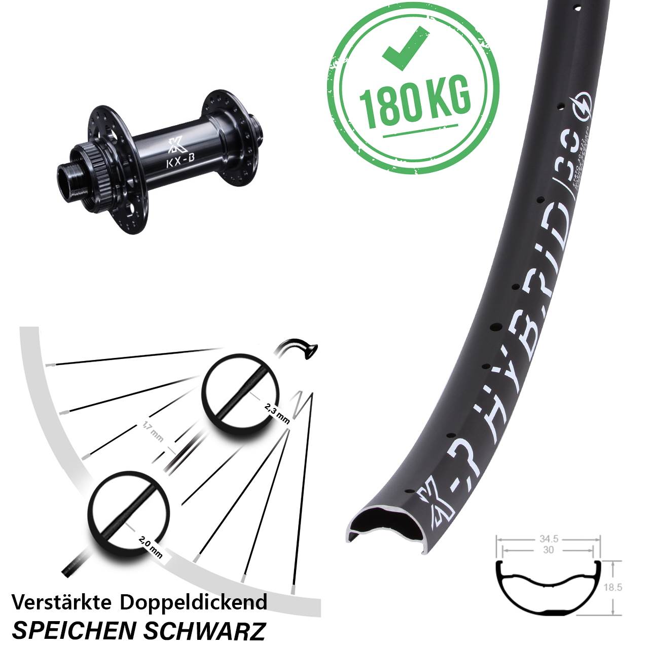 Vorderrad E-Bike 29 Zoll Boost 15x110 mm verstärkt KX-BR Hybrid Centerlock leicht