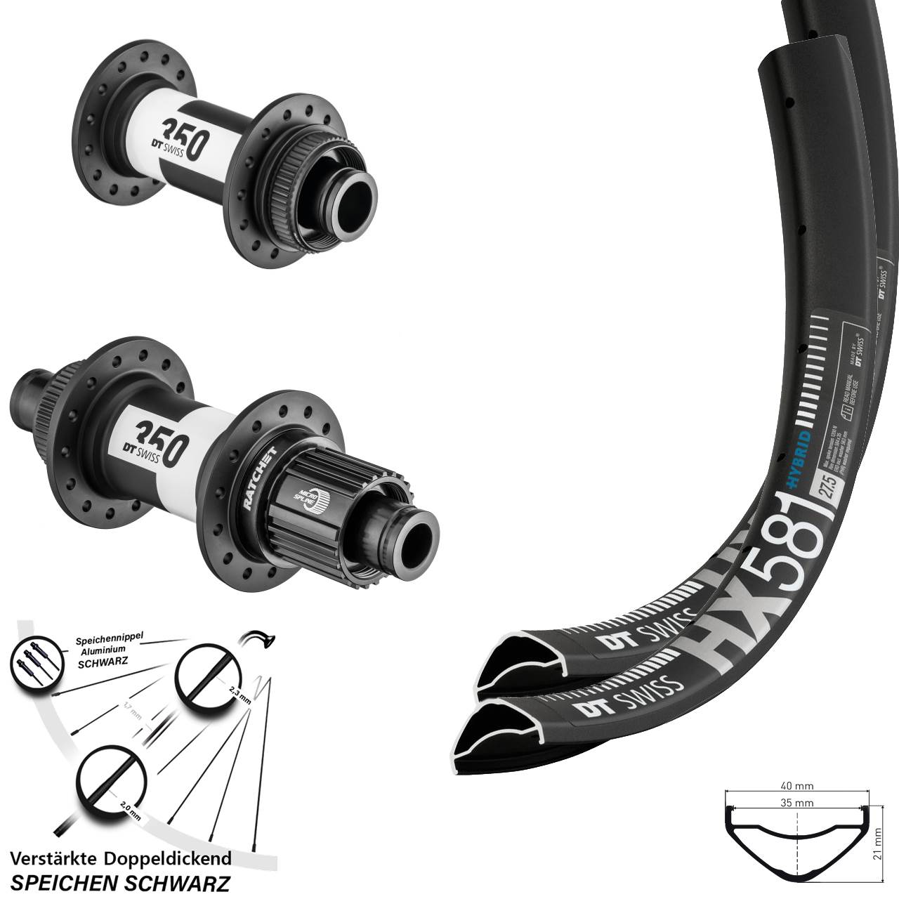 Centerlock Laufradsatz 27,5 Zoll DT Swiss HX581 350 Micro Spline 15x100 12x142