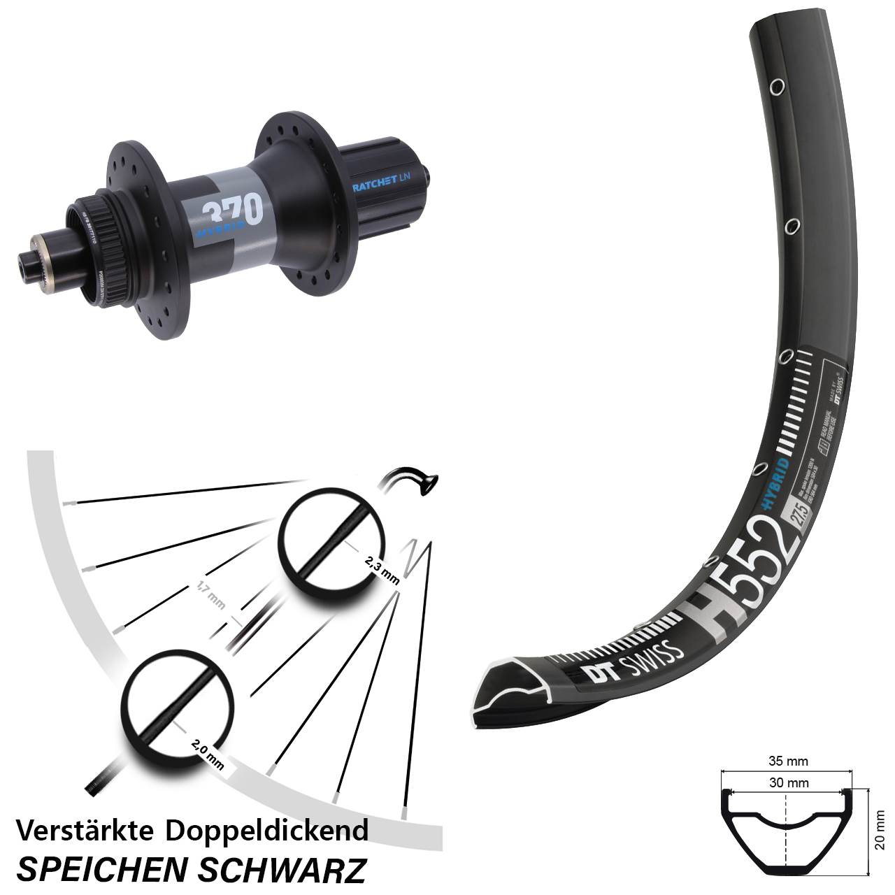 27,5 Zoll DT Swiss H552 DT Swiss 370 Hybrid Boost Disc Hinterrad QR Boost 8-11 fach HG