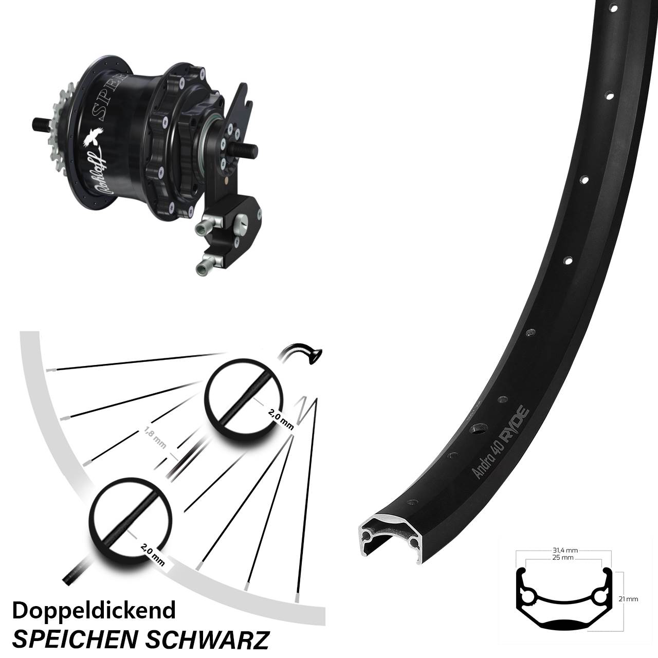 Hinterrad 27,5 Zoll Ryde Andra 40 Disc Rohloff Speedhub 500/14 TS DB OEM2 Tandem schwarz