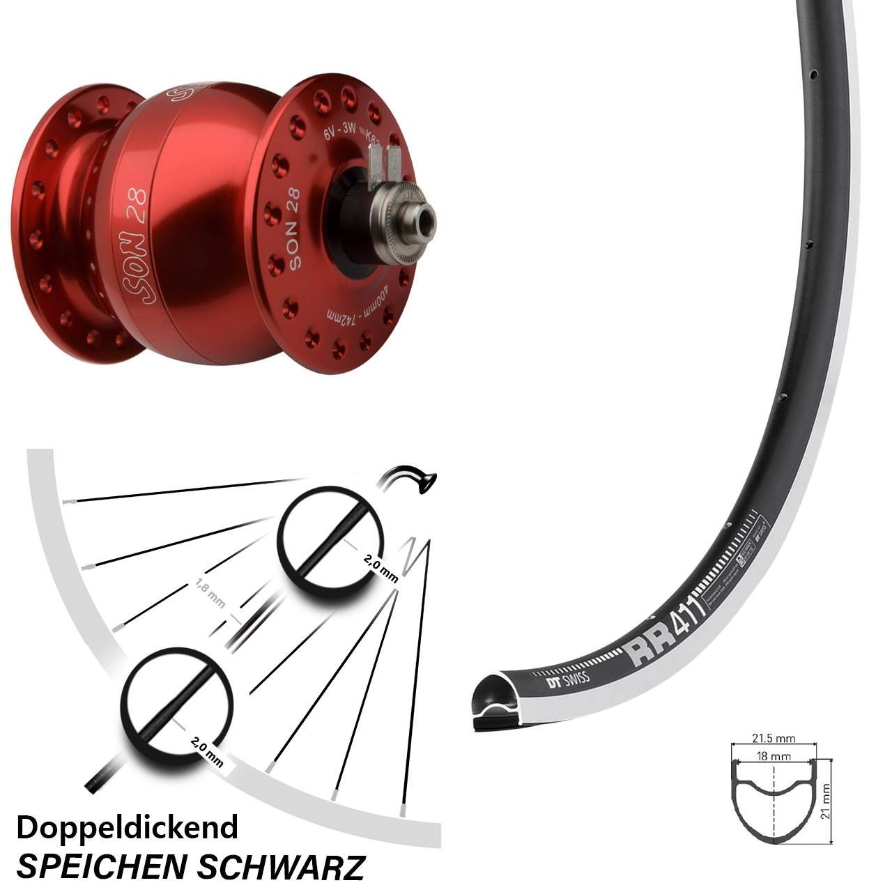 roter Son 28 Zoll Vorderrad Rennrad DT Swiss RR 411 schwarz