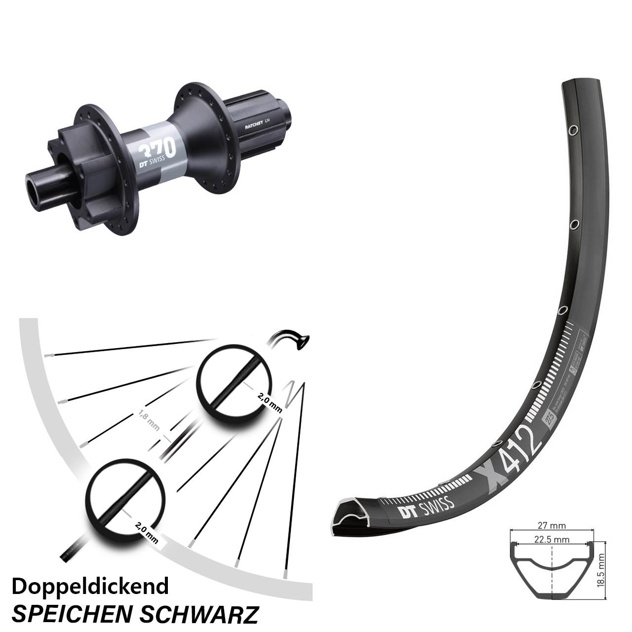 28 Zoll DT Swiss X 412 370 Hinterrad 6-Loch 12x148 8-11 fach